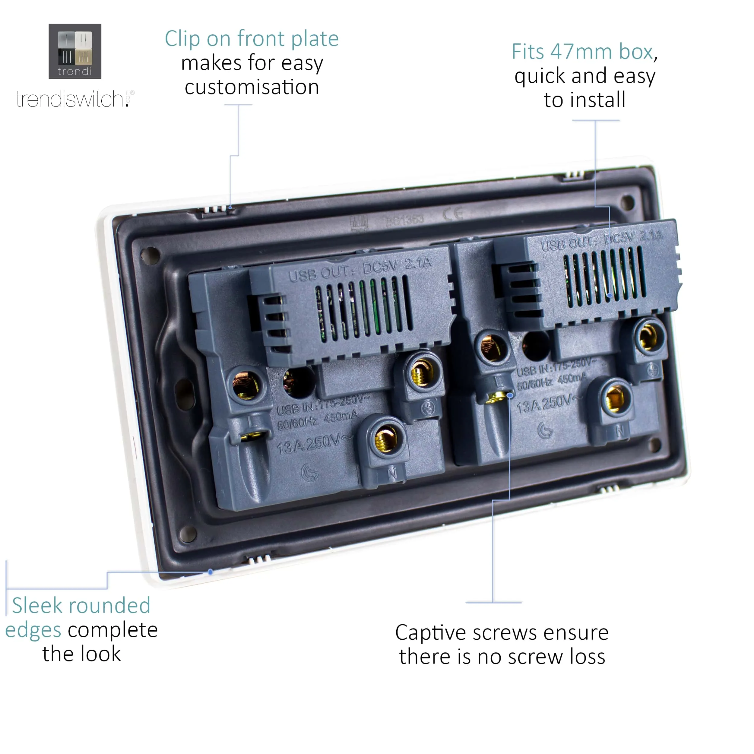 2 Gang 13Amp Switched Double Socket With 4X 2.1Mah USB Dark Green ART-SKT213USBDG  Trendi Dark Green